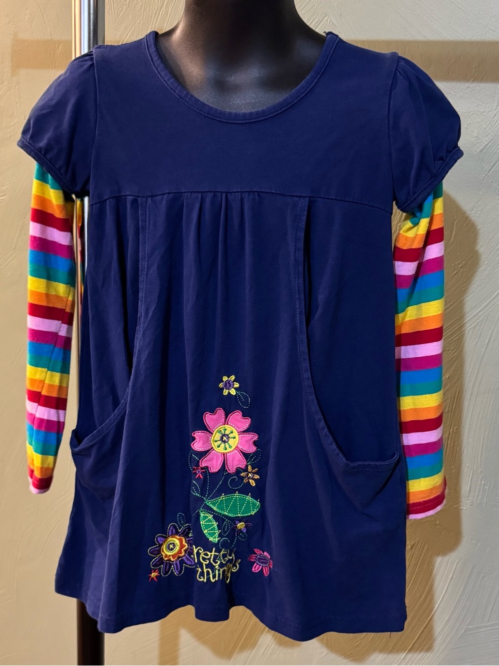 Novatx Girls Rainbow Sleeve Knit Dress - Navy Blue Floral Embroidery Size 5-6Y